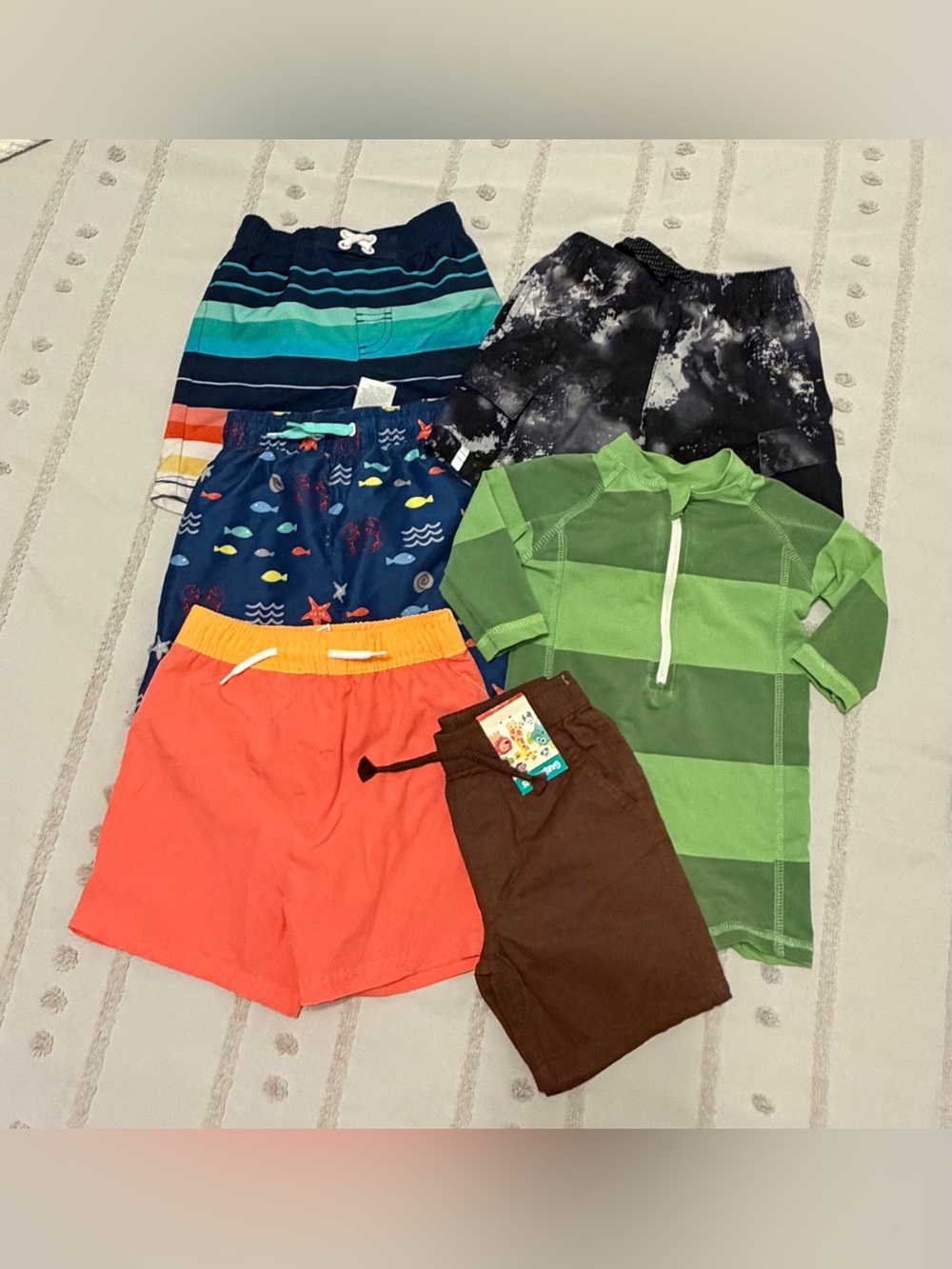 Striped Green Rash Guard with Assorted Kids Swim Trunks - Mix & Match Set